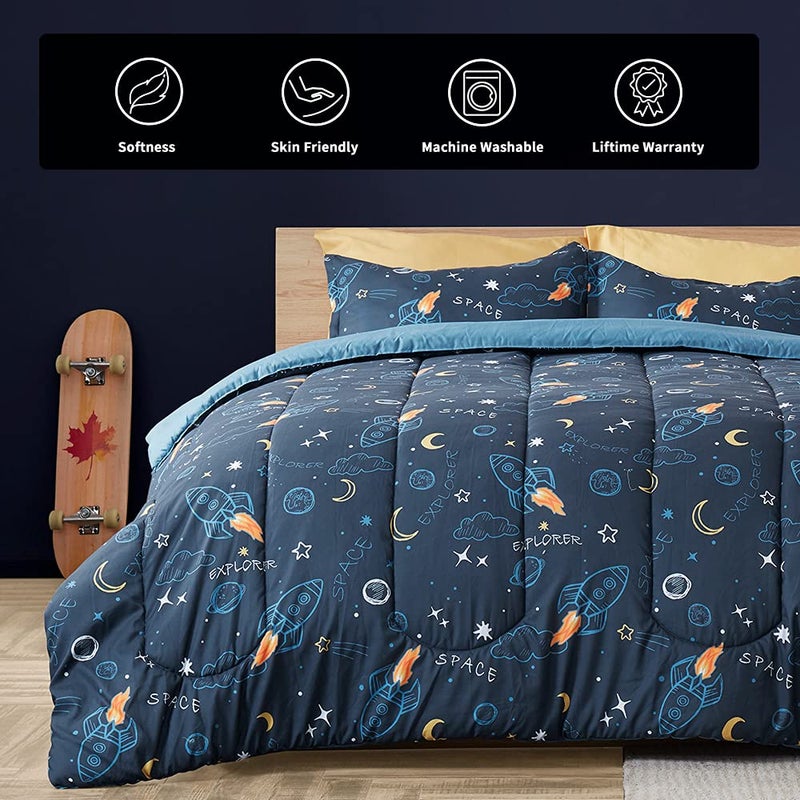 SLEEP ZONE Kids Twin Bedding Comforter Set - Super Cute & Soft Kids Bedding Bed in a Bag Pieces Set with Comforter, Sheet, Pillowcase & Sham (Space Rocket) - Image 3